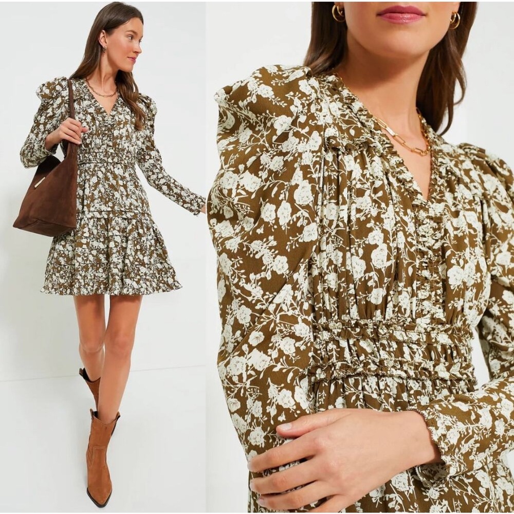 Tuckernuck Hyacinth House Renee Floral Puff Sleeve Mini‎ Dress in Olive - Small
